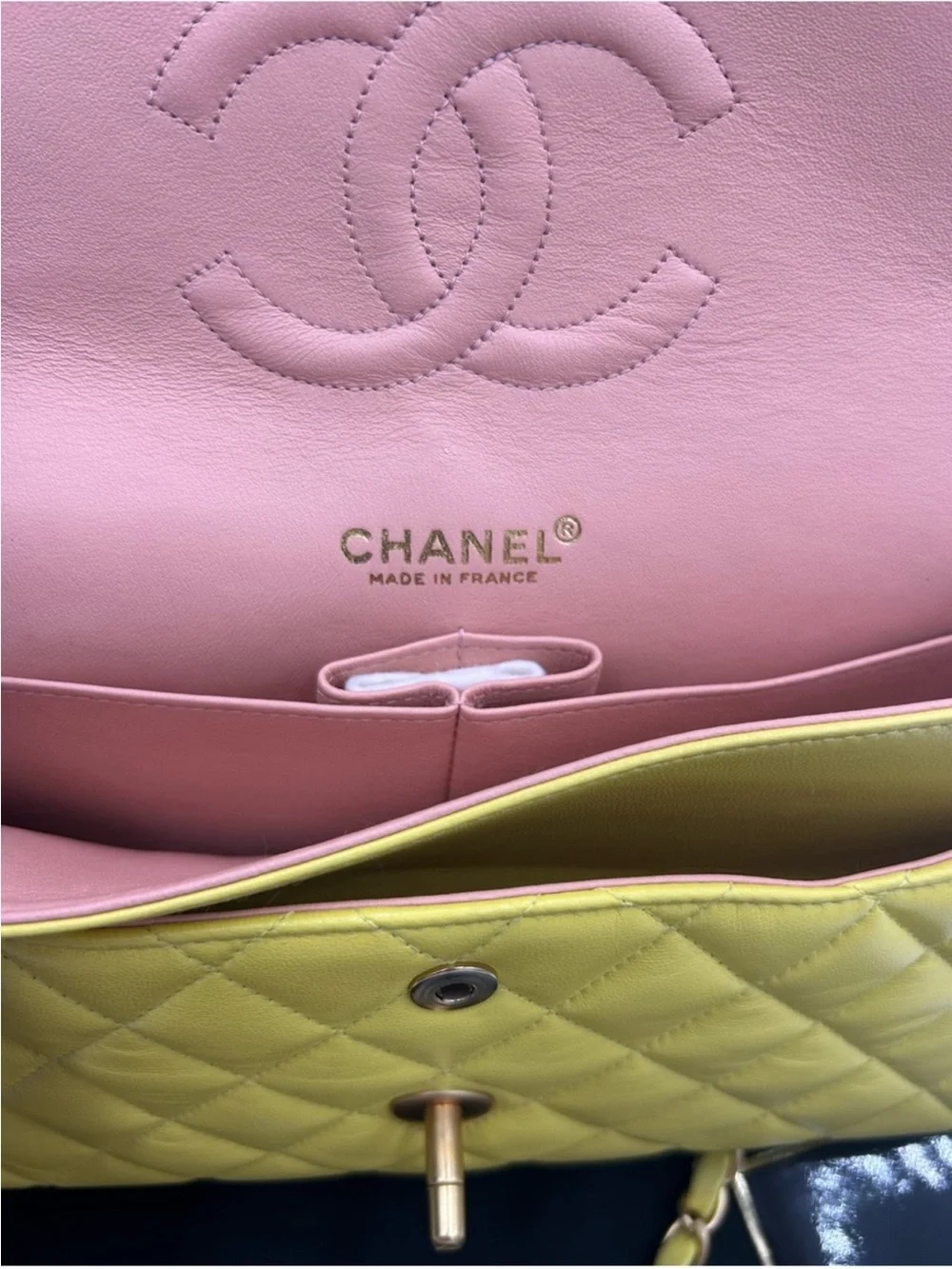 Women’s Chanel, classic quilted double flap bag in yellow with Gould hardware